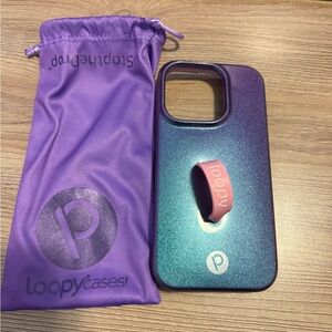 iPhone 14 Pro righty supernova shimmer case with baby pink loop